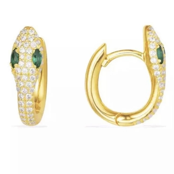 🐍Serpent Snake Hoop Stacking 925 Sterling Silver Yellow Gold Green Zircon Pave - Picture 7 of 16